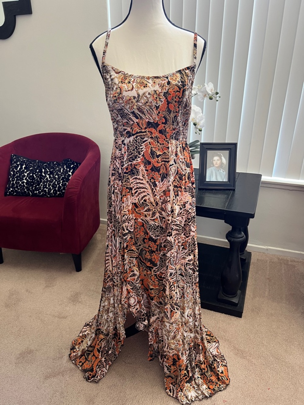 Free People Floral Paisley Spaghetti Strap Maxi Dress in Rust, Black, Cream